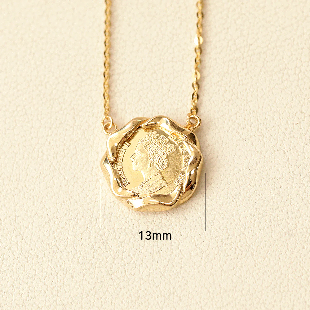 14K 18K Solid Gold Flower Elizabeth Coin Necklace - Image 16