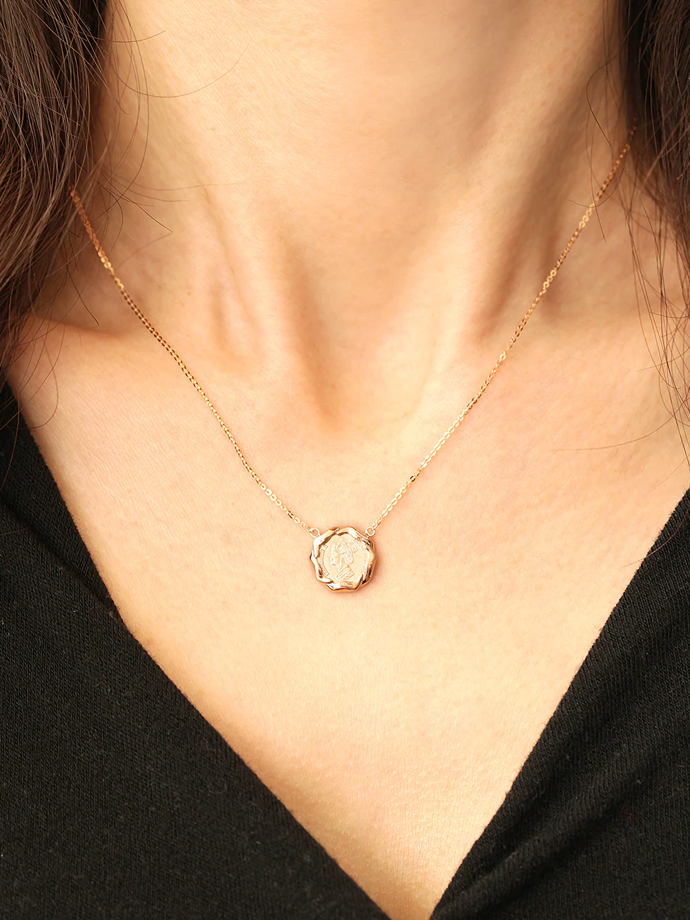 14K 18K Solid Gold Flower Elizabeth Coin Necklace - Image 2