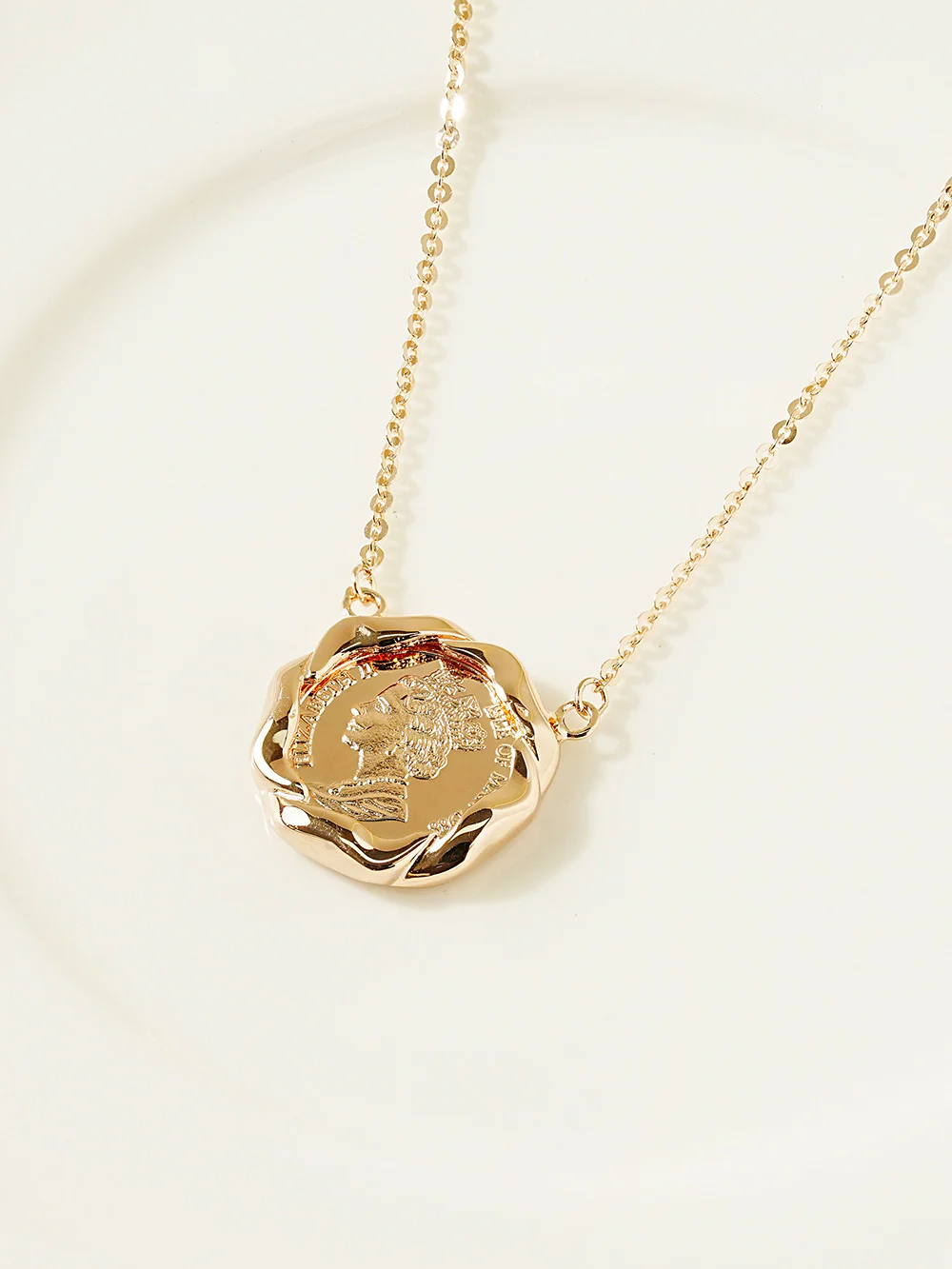14K 18K Solid Gold Flower Elizabeth Coin Necklace - Image 3