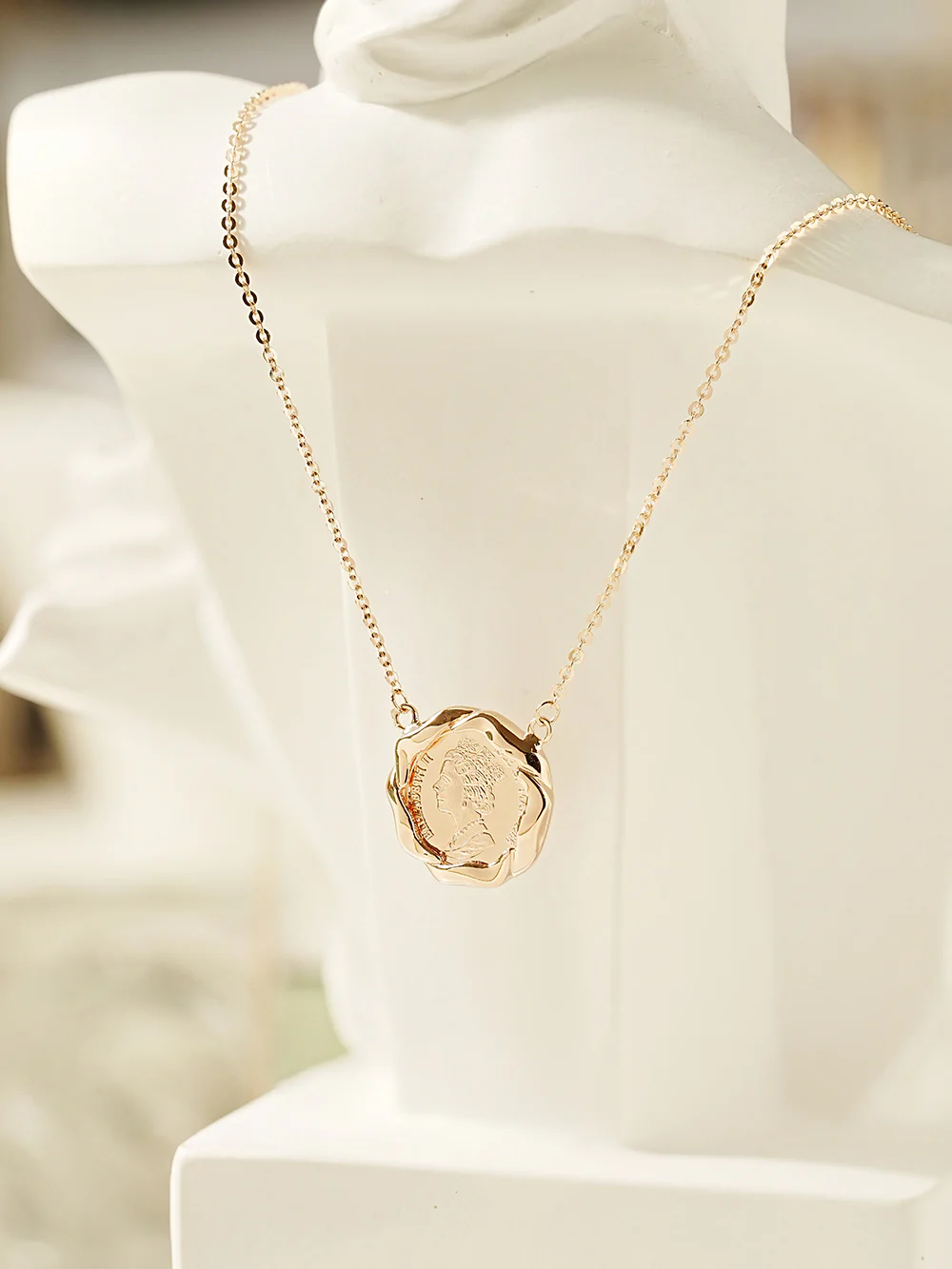 14K 18K Solid Gold Flower Elizabeth Coin Necklace - Image 5
