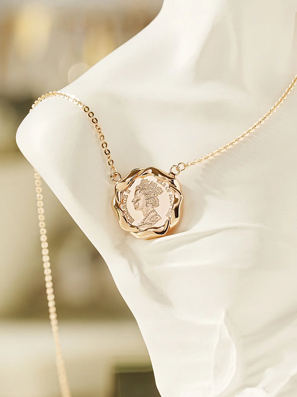 14K 18K Solid Gold Flower Elizabeth Coin Necklace - Image 6