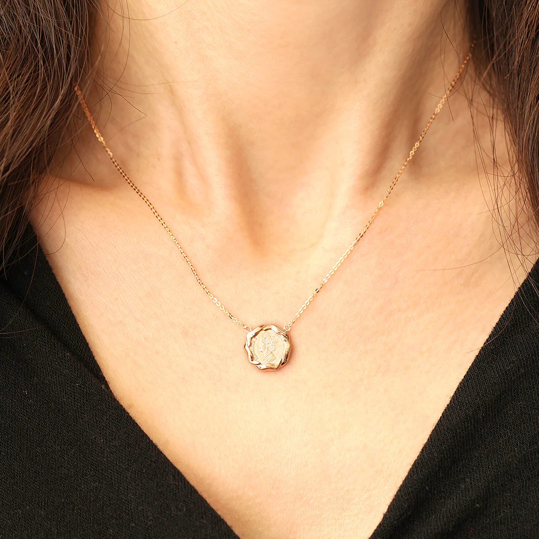 14K 18K Solid Gold Flower Elizabeth Coin Necklace - Image 8