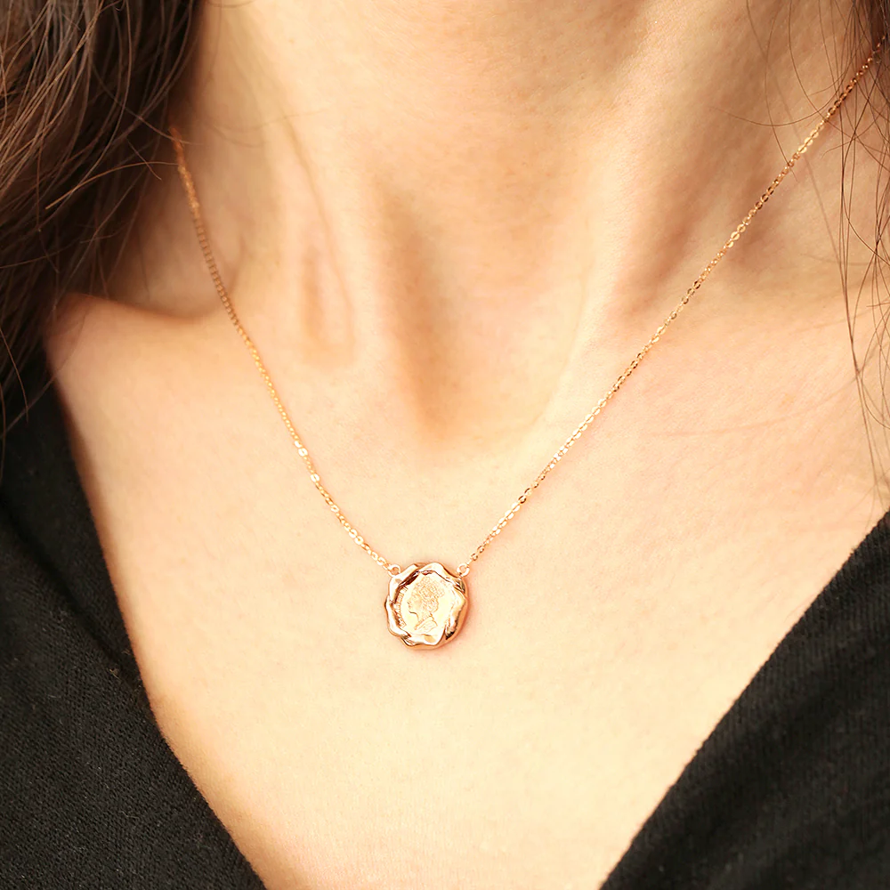 14K 18K Solid Gold Flower Elizabeth Coin Necklace - Image 9