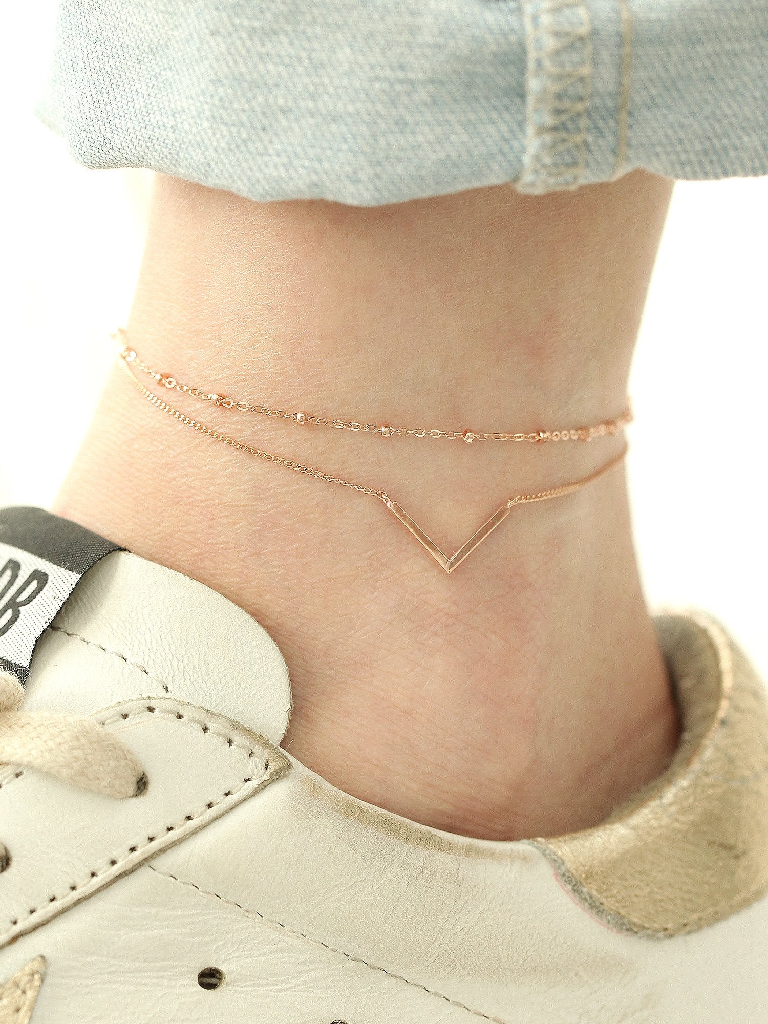 14K 18K Gold V Line Ball Anklet - Image 4