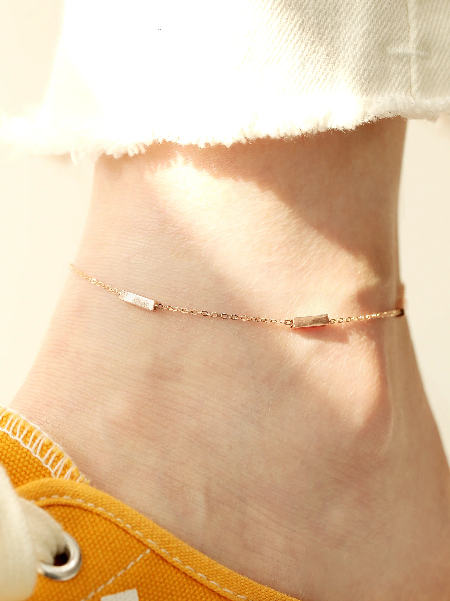14K 18K Gold Volume Square Stick Anklet Bracelet - Image 3