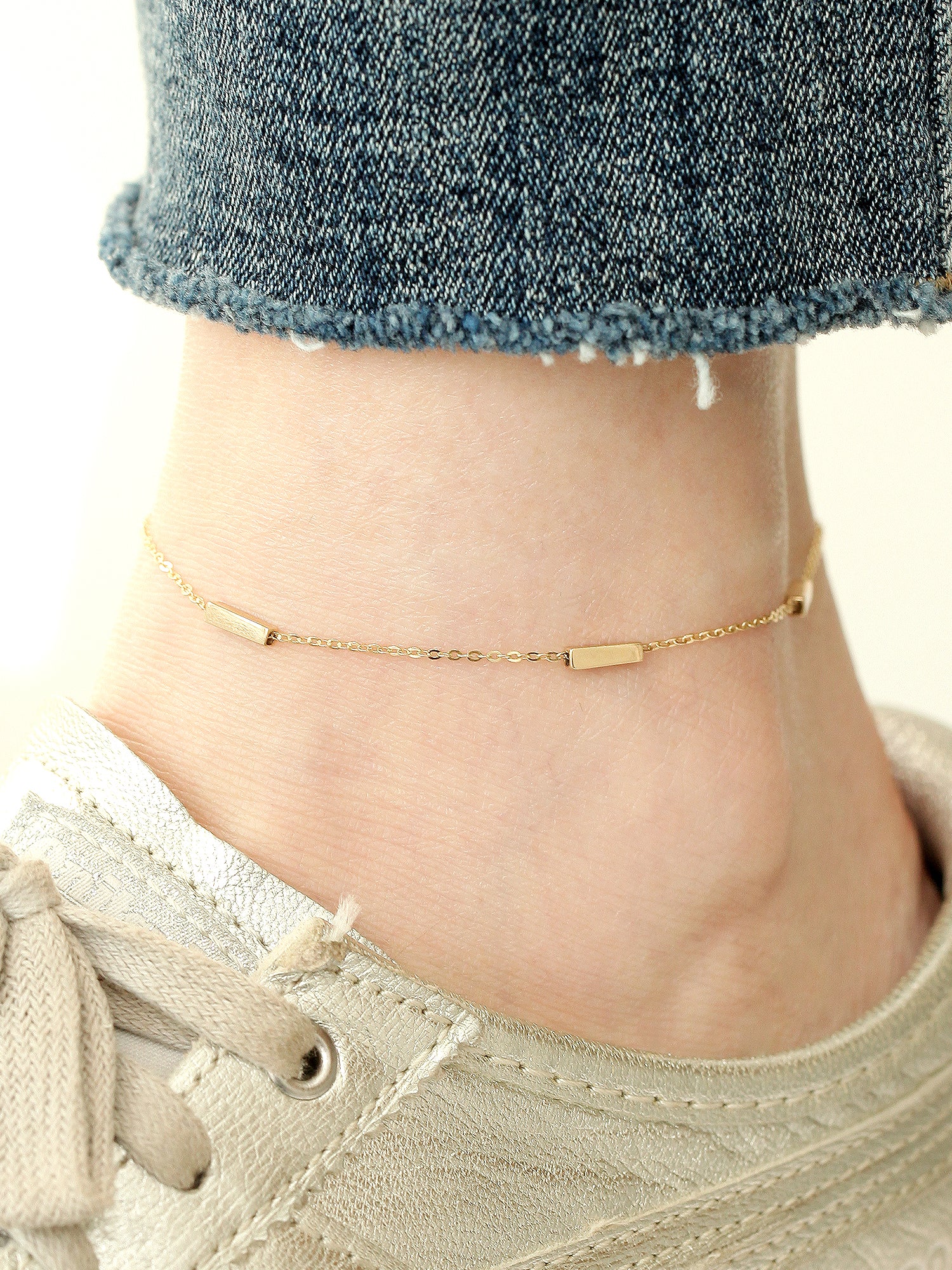 14K 18K Gold Volume Square Stick Anklet Bracelet - Image 4