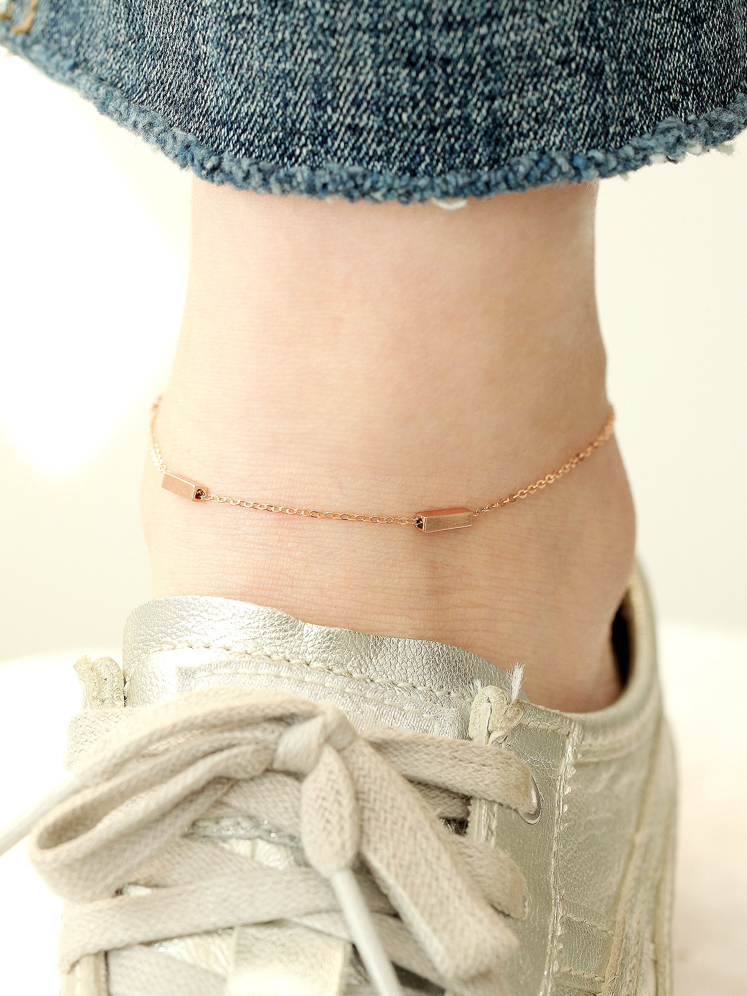14K 18K Gold Volume Square Stick Anklet Bracelet - Image 5