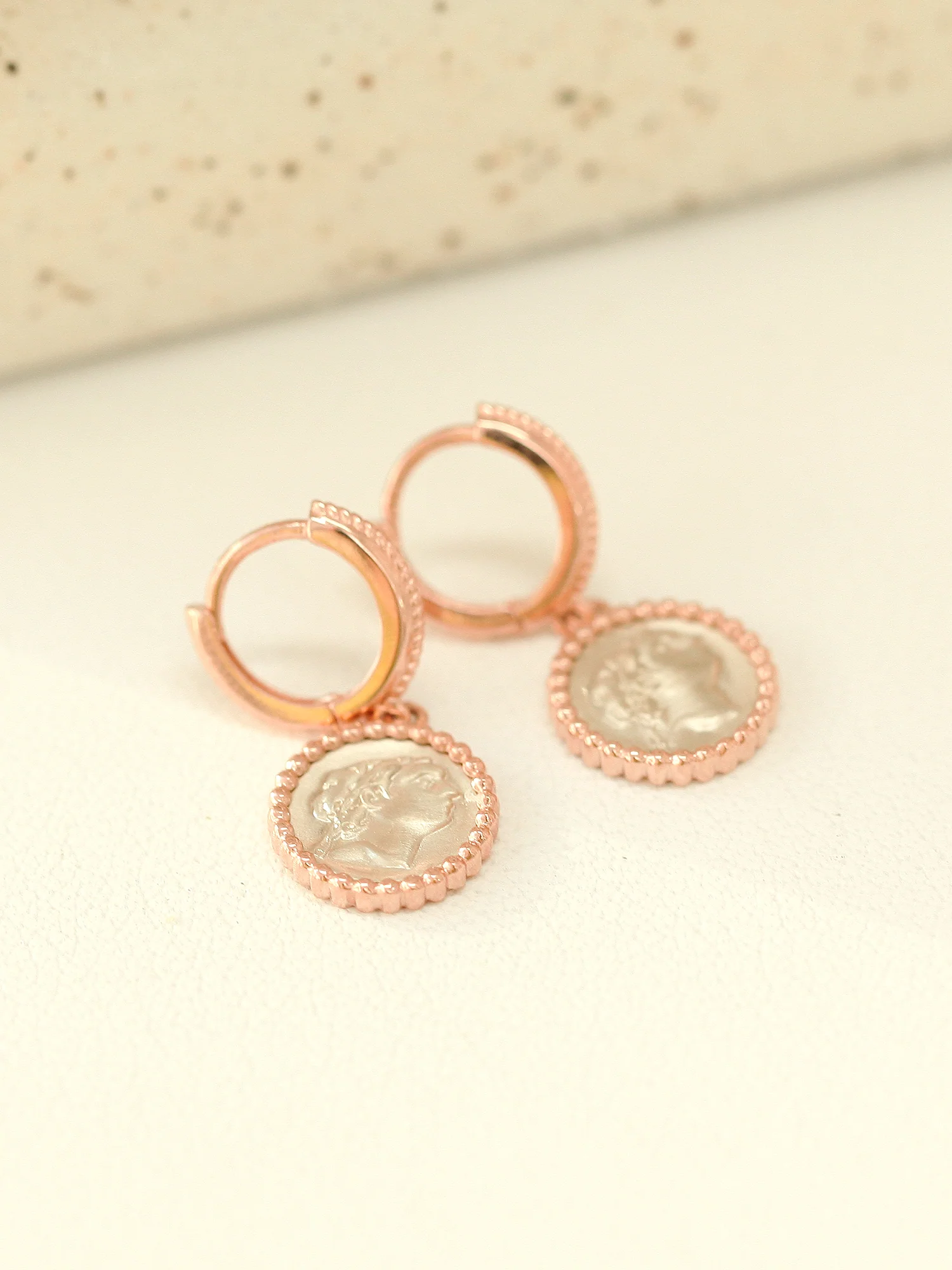 14K Gold Athens Coin Hoop Earring - Image 2