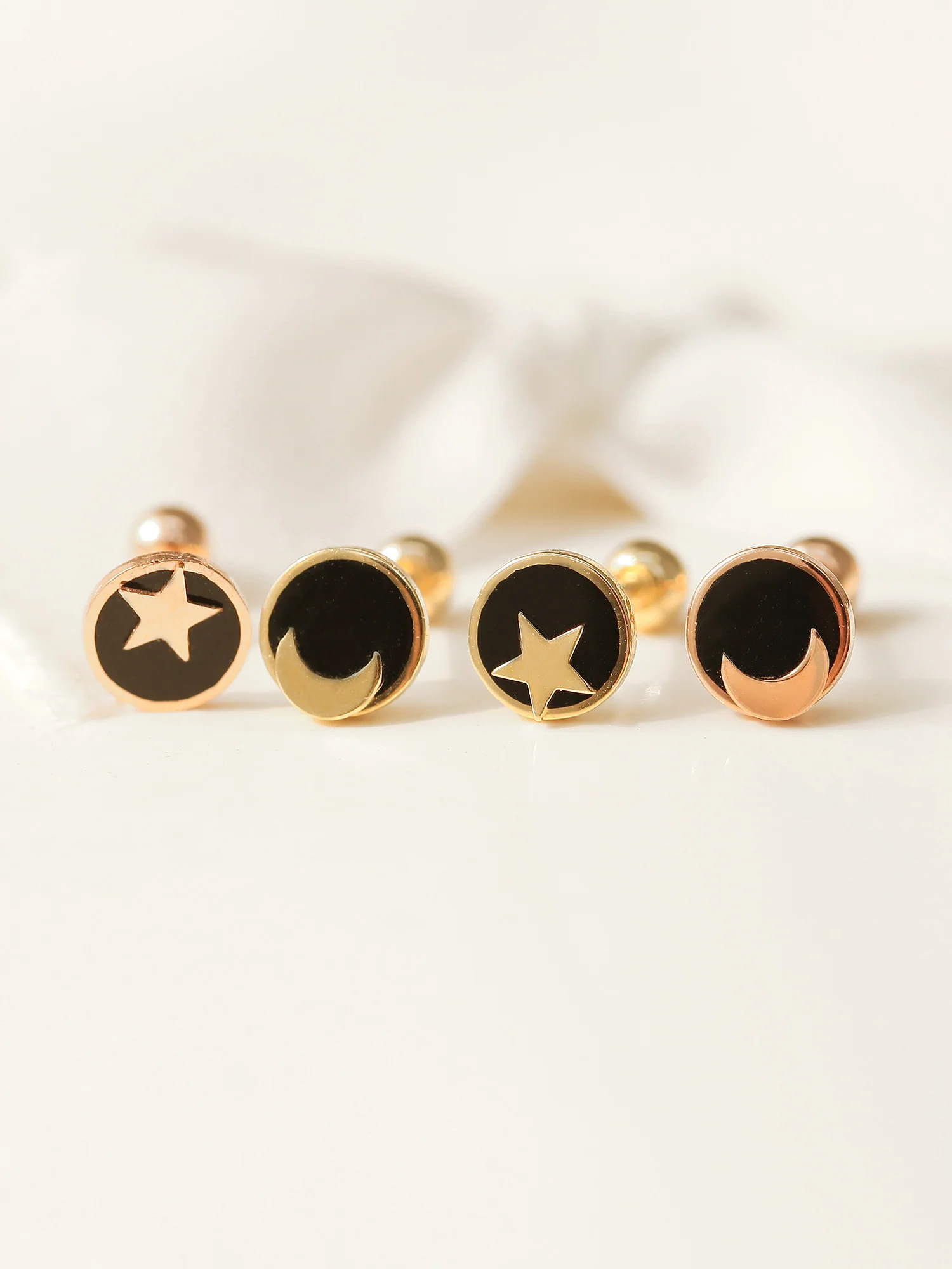 14K Gold Black Star Moon Cartilage Earring 20G