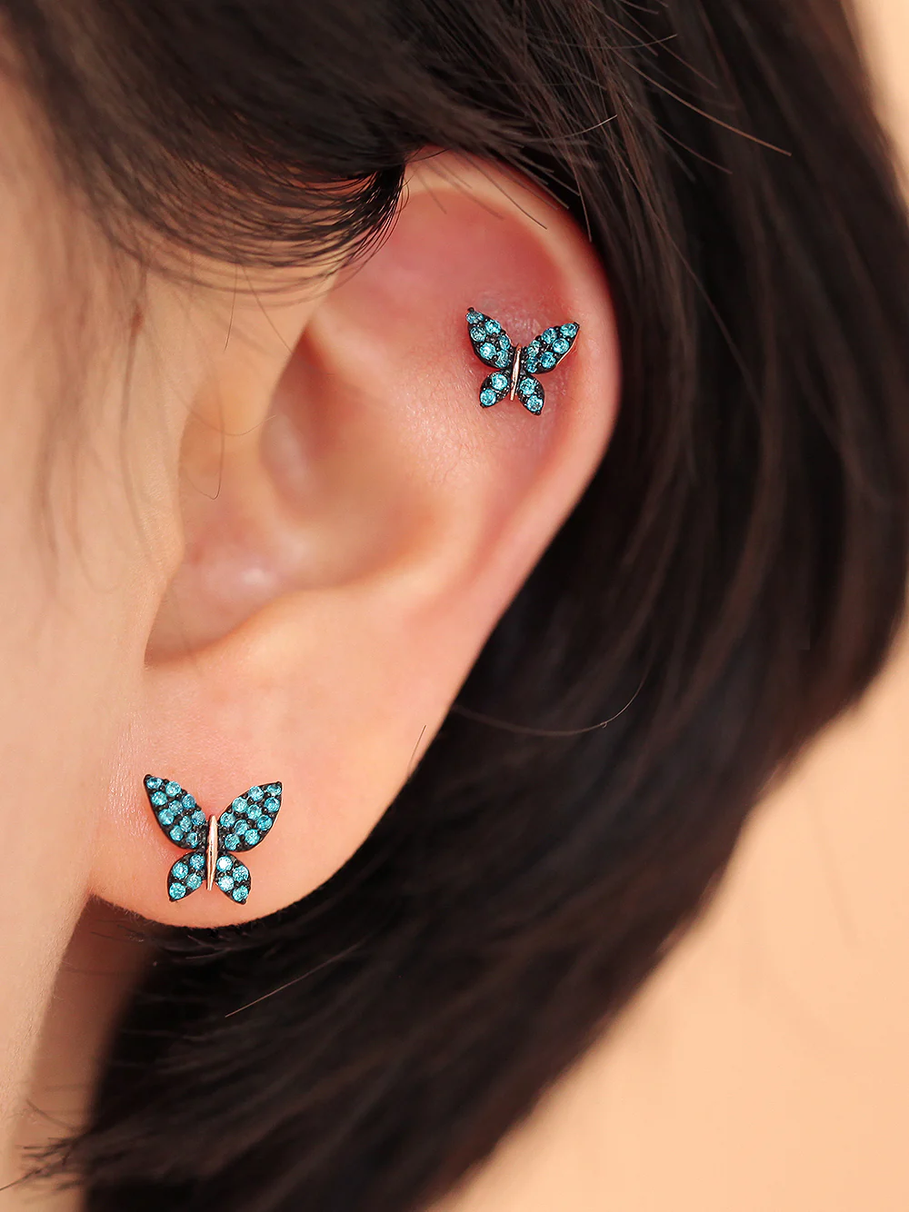 14K Gold Bling Blue Butterfly Cartilage Earring 20G - Image 8