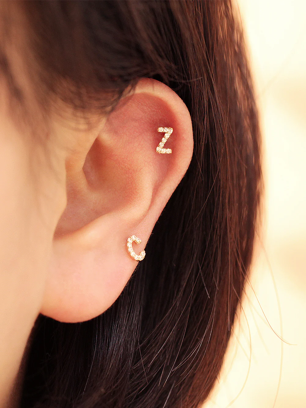 14K Gold Cubic Initial Cartilage Earring 20G - Image 7