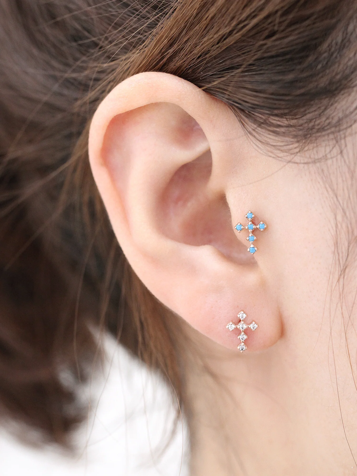 14K Gold Colorful Cross Cubic Cartilage Earring 18G16G - Image 9