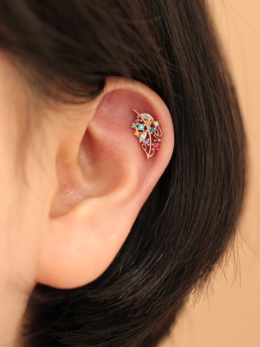 14K Gold Colorful Cubic Leaf Cartilage Earring 18G16G - Image 6