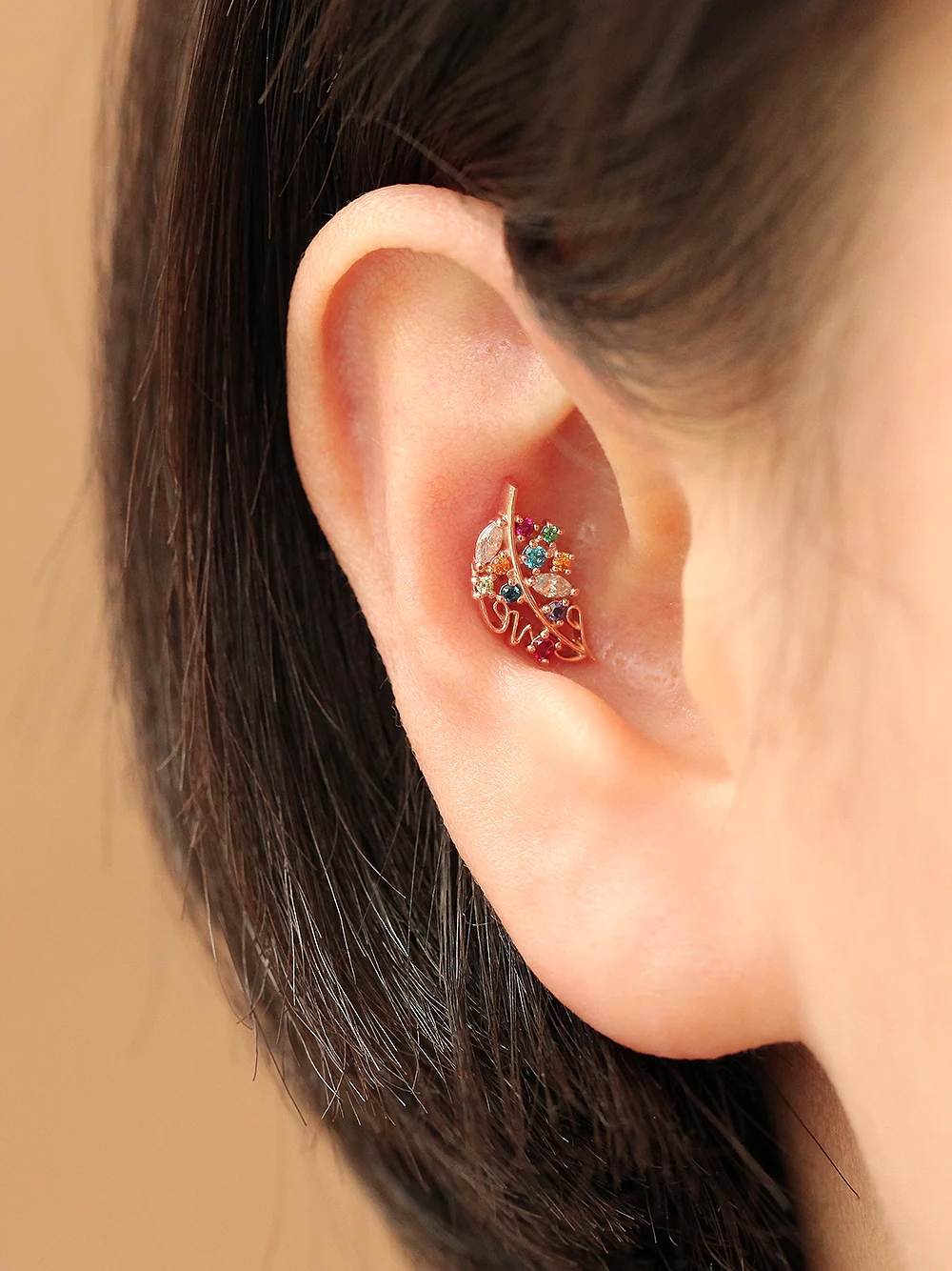14K Gold Colorful Cubic Leaf Cartilage Earring 18G16G - Image 7