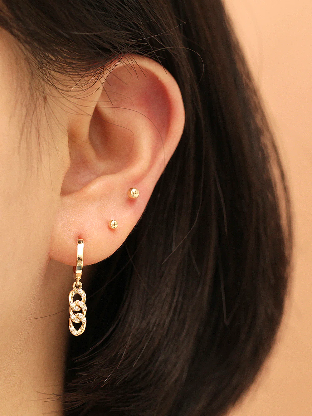 14K Gold Cubic Chain Drop Hoop Earring - Image 4