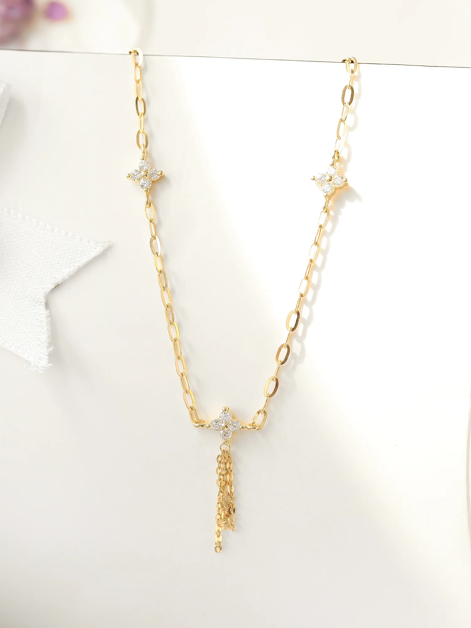 14K Gold Cubic Flower Chain Anklet - Image 3