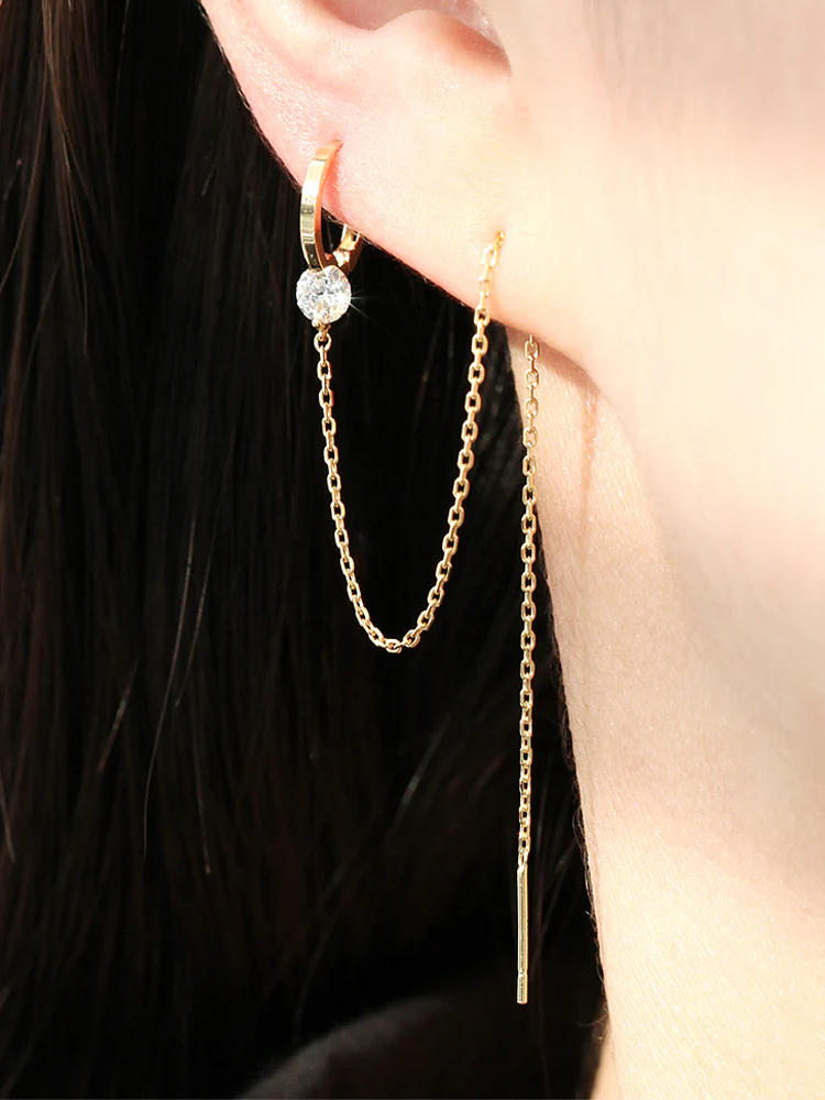 14K Gold Cubic Layered Chain Hoop Earring - Image 4