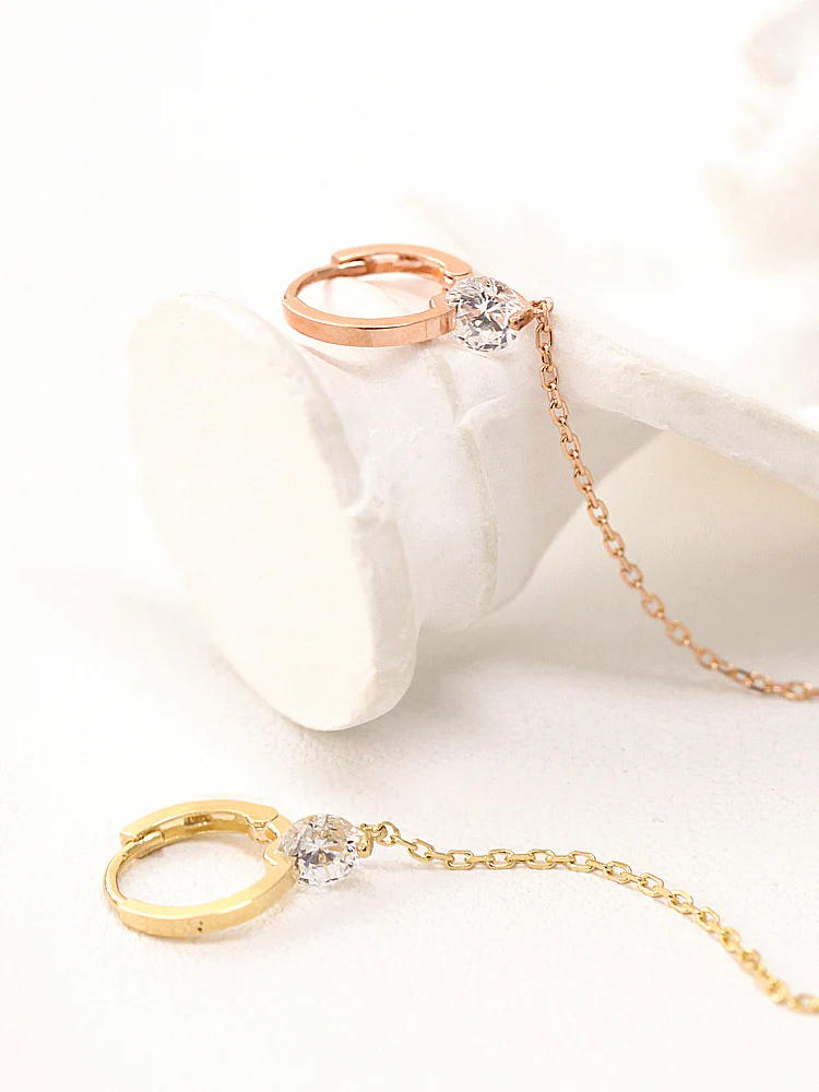 14K Gold Cubic Layered Chain Hoop Earring - Image 7