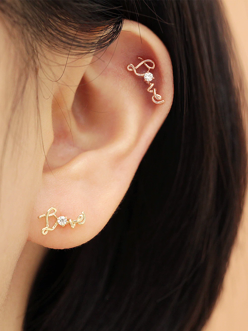14K Gold Cubic Love Cartilage Earring 20G - Image 2
