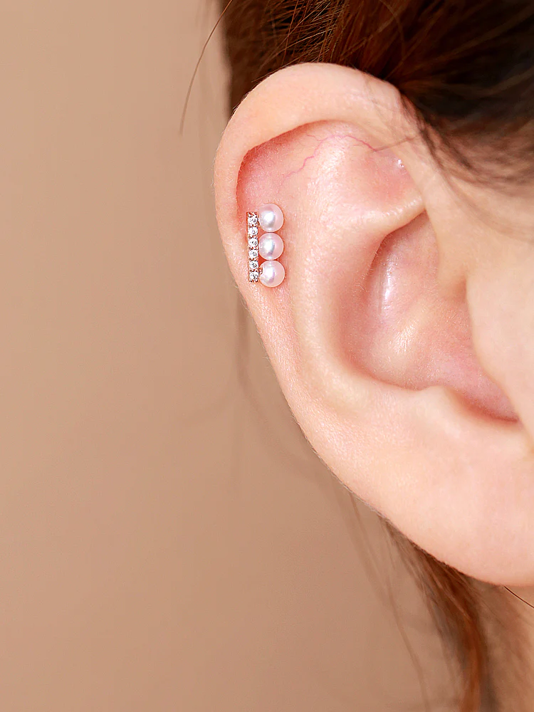 14K Gold Cubic Pearl Stick Cartilage Earring 18G16G - Image 3