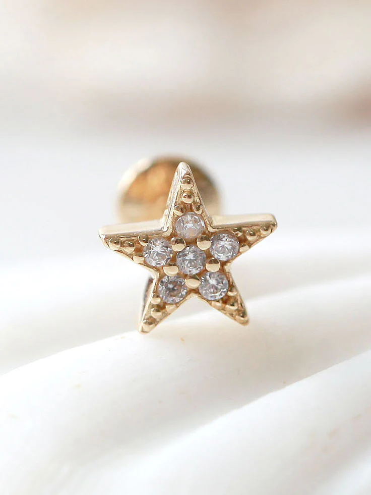 14K Gold Cubic Star Labret Piercing 18G16G - Image 3