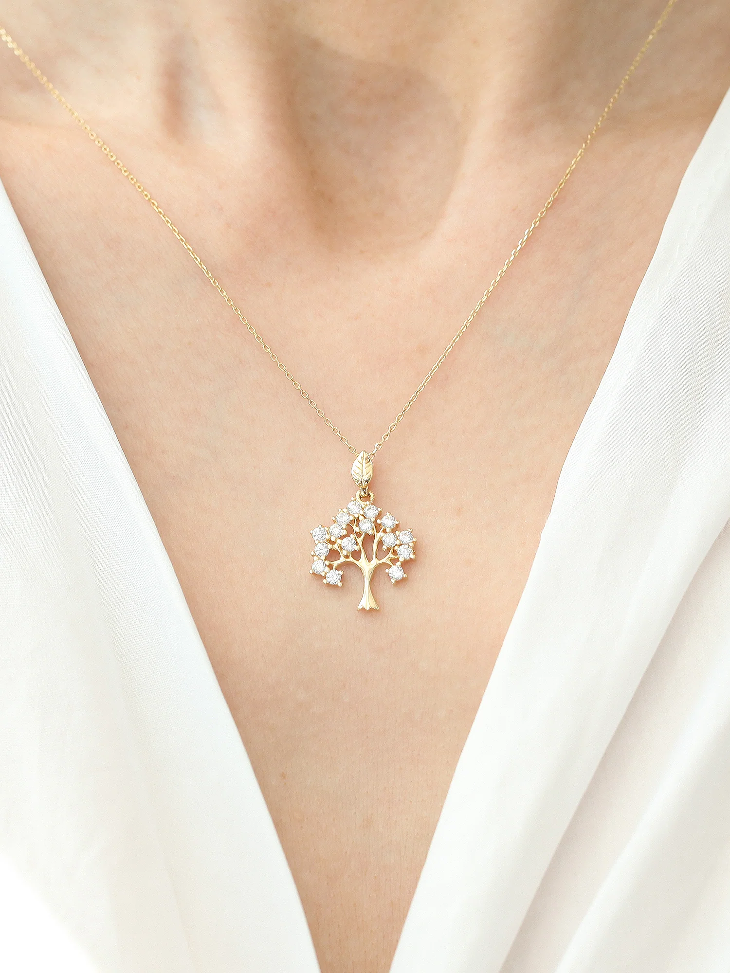 14K Gold Lucky Tree Cubic Pendant Necklace - Image 3