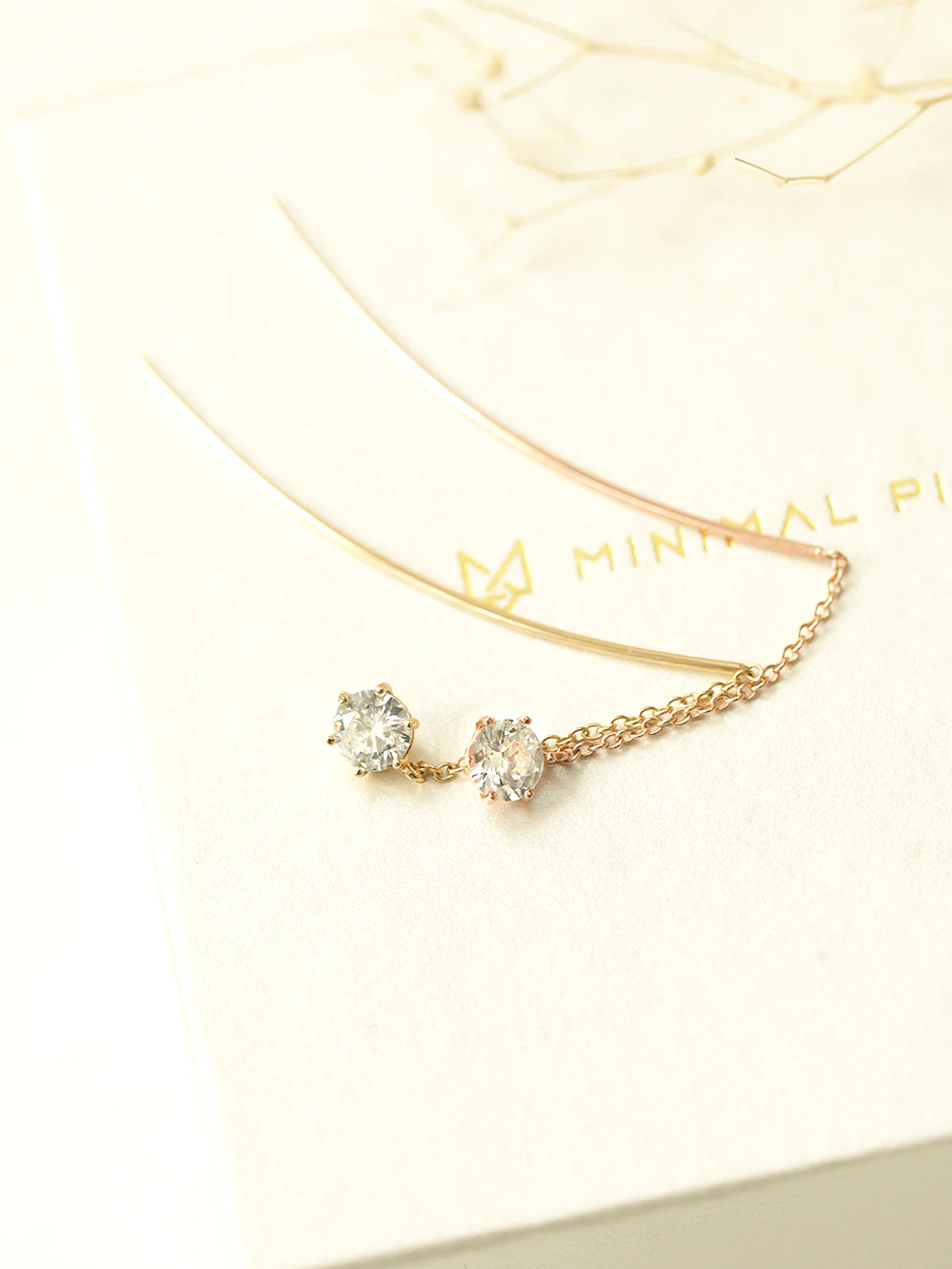 14K Gold Curve Drop Cubic Threader Earring - Image 3