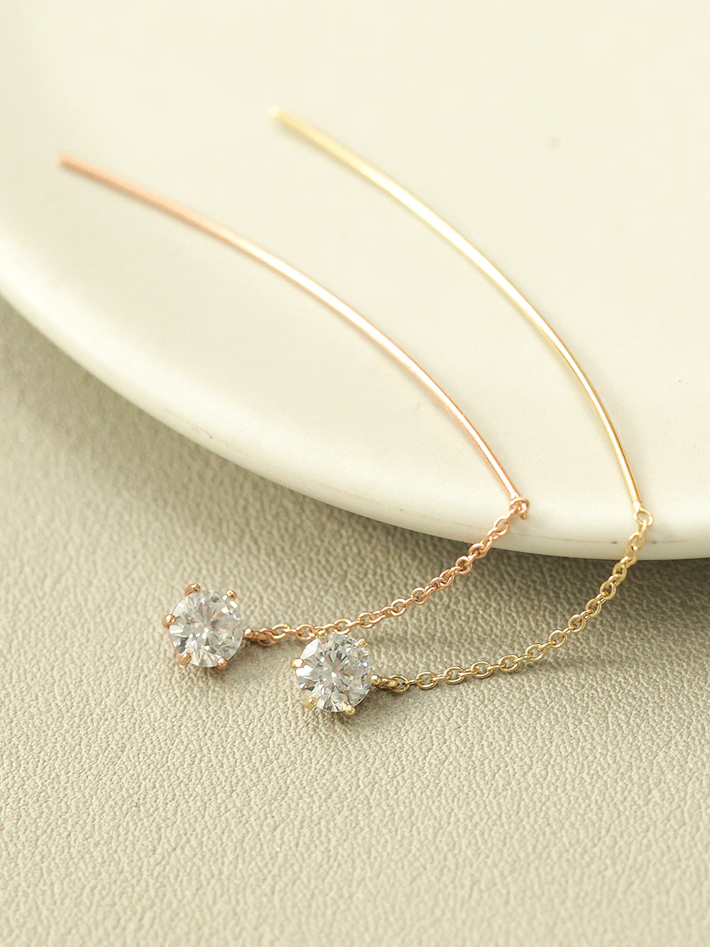 14K Gold Curve Drop Cubic Threader Earring - Image 6