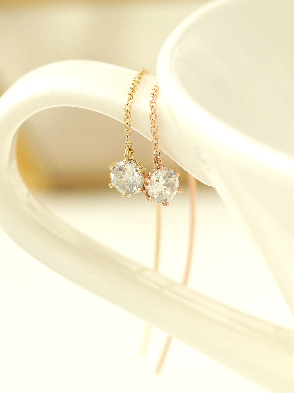 14K Gold Curve Drop Cubic Threader Earring - Image 7