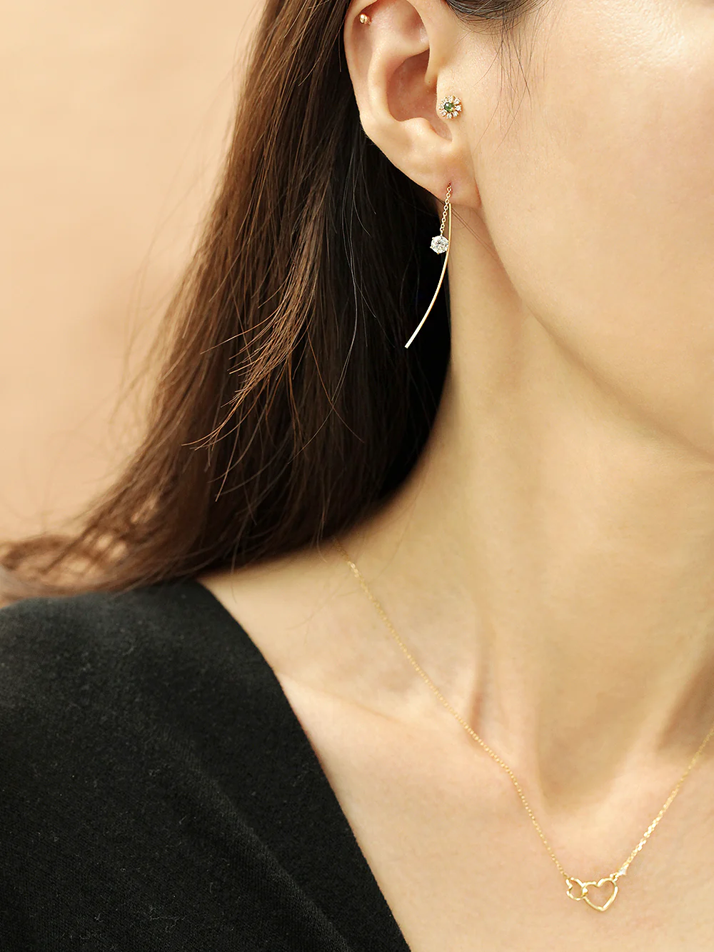 14K Gold Curve Drop Cubic Threader Earring - Image 8
