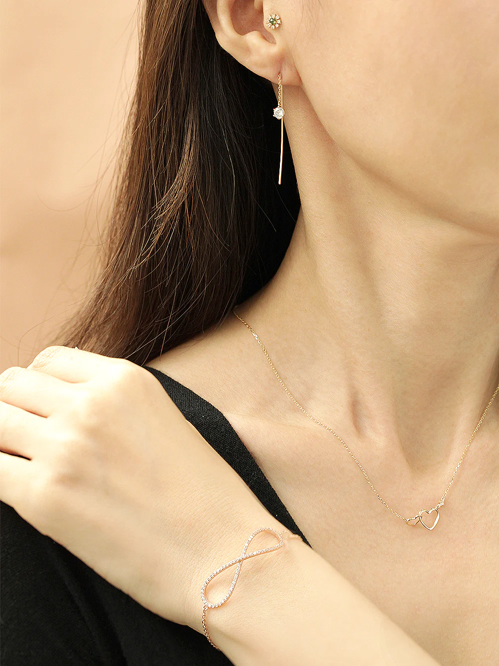 14K Gold Curve Drop Cubic Threader Earring - Image 9