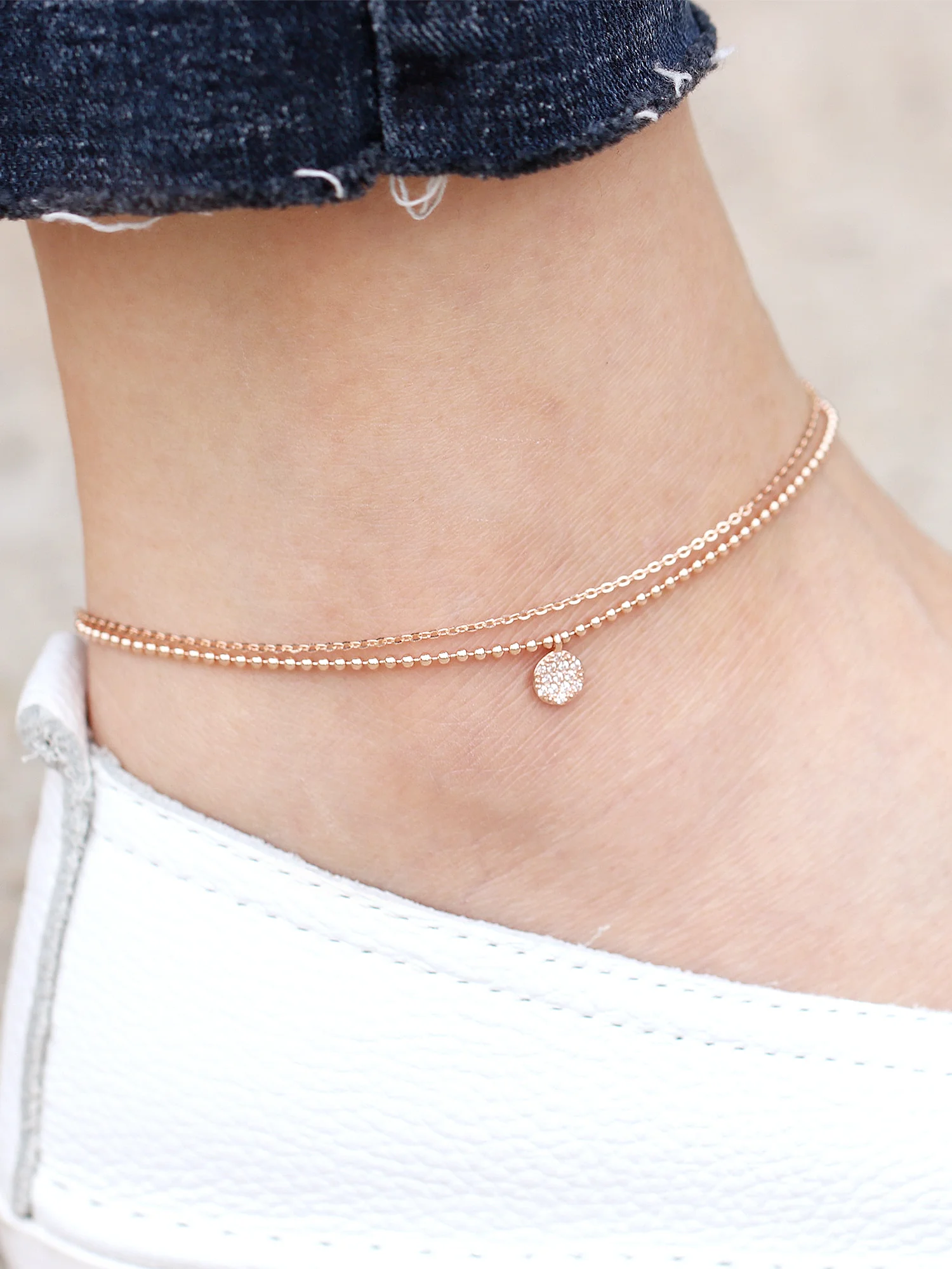 14K Gold Disc Charm Ball Chain Anklet