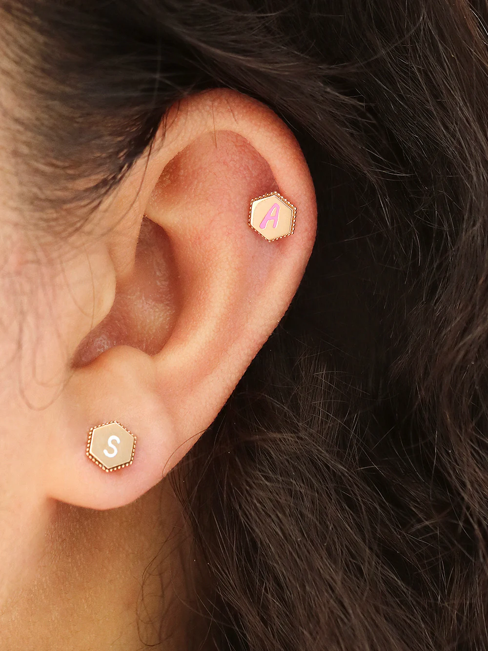 14K Gold Enamel Initial Cartilage Earring 18G16G - Image 4