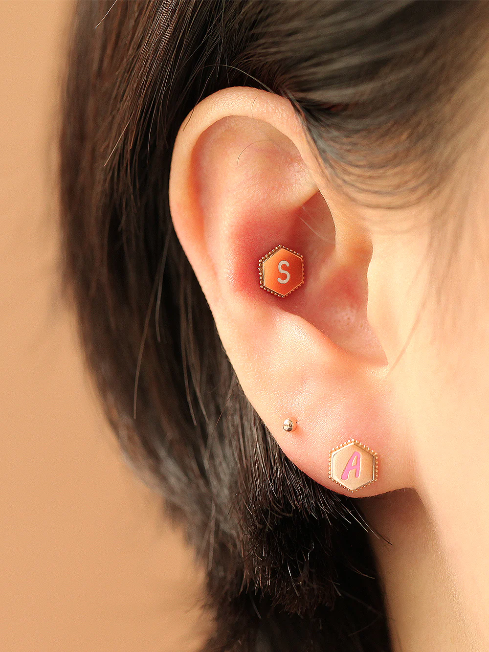 14K Gold Enamel Initial Cartilage Earring 18G16G - Image 5
