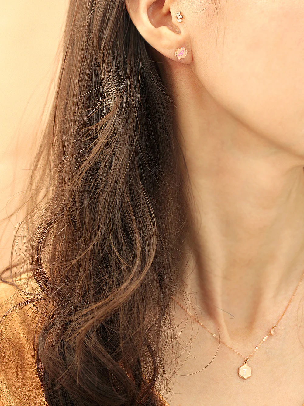 14K Gold Enamel Initial Cartilage Earring 18G16G - Image 8