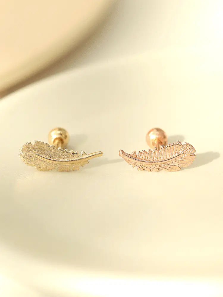 14K Gold Feather Cartilage Earring 18G16G