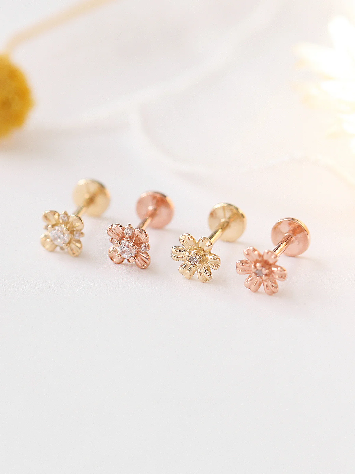 14K Gold Minimal Flower Externally Threaded Labret 18G - Image 4