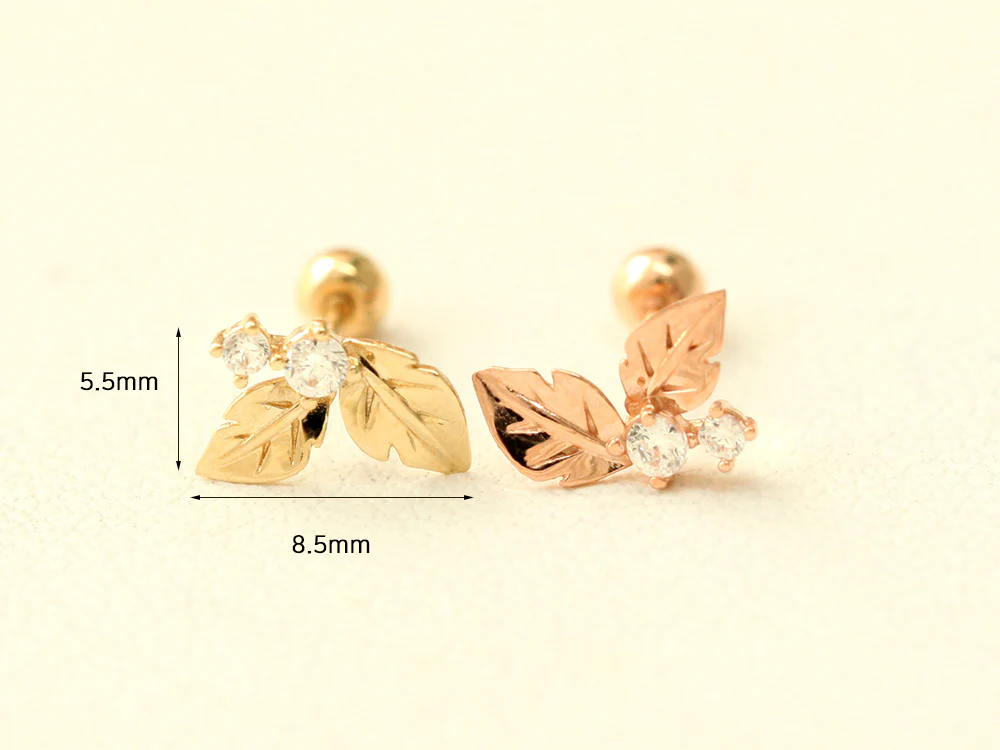 14K gold Fruit Cubic Leaf cartilage earring 20g - Image 11