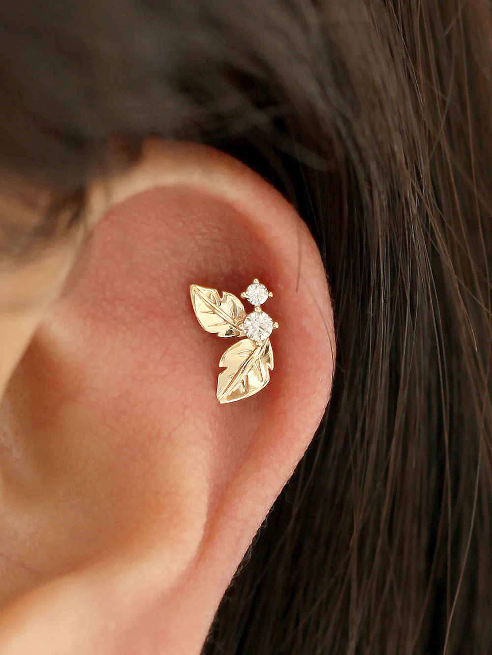 14K gold Fruit Cubic Leaf cartilage earring 20g - Image 5