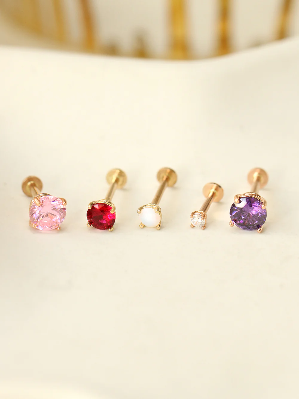 14K Gold 4 Pronged Colorful Cubic Internally Threaded Labret Piercing 18G16G - Image 10