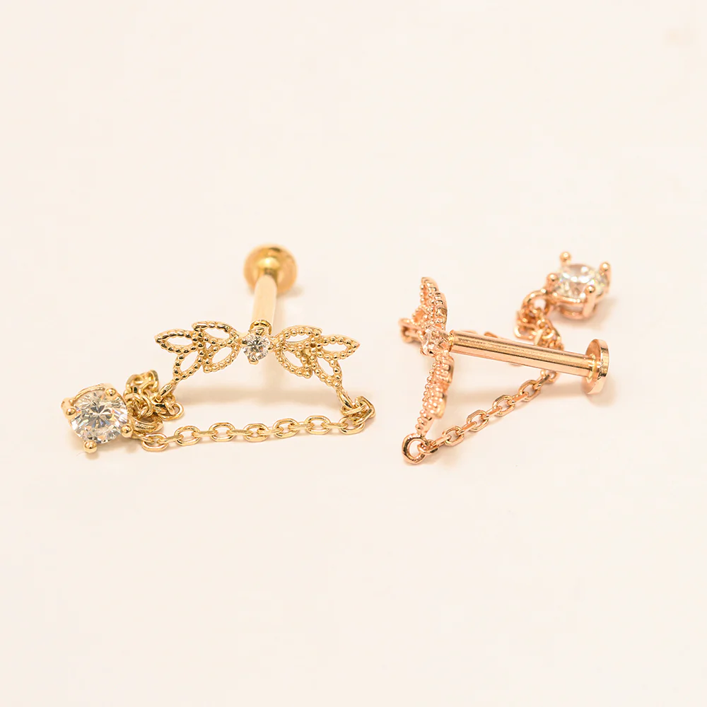 14K Gold Angel Wings CZ Drop Internally Threaded Labret Piercing 18G16G - Image 10
