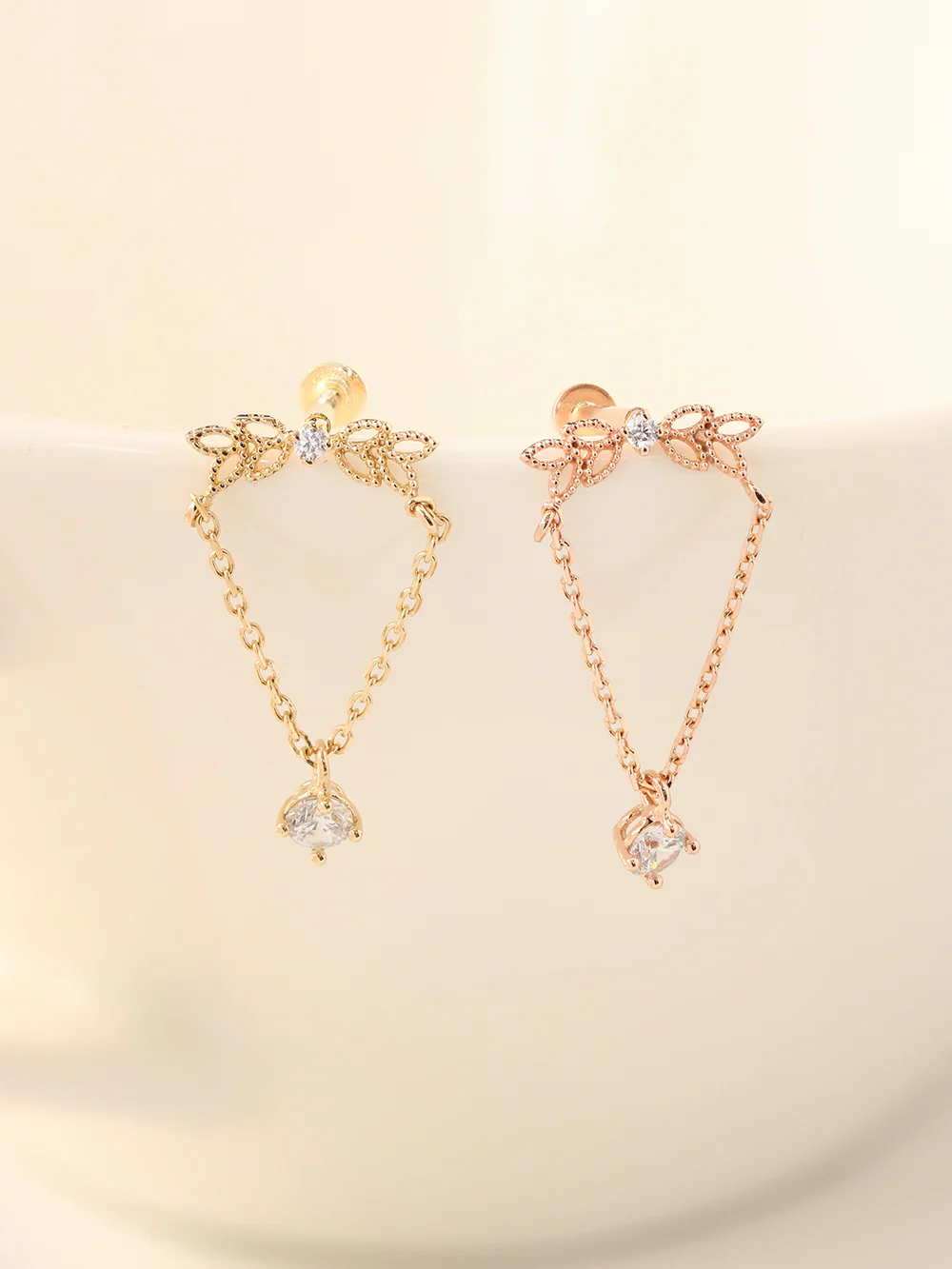 14K Gold Angel Wings CZ Drop Internally Threaded Labret Piercing 18G16G - Image 3
