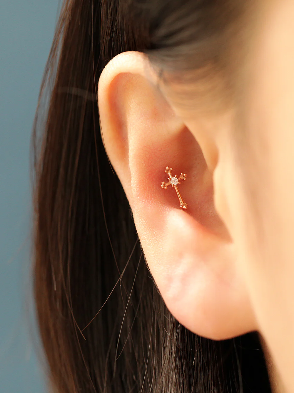 14K Gold Antique Cross Cartilage Earring 20G - Image 9