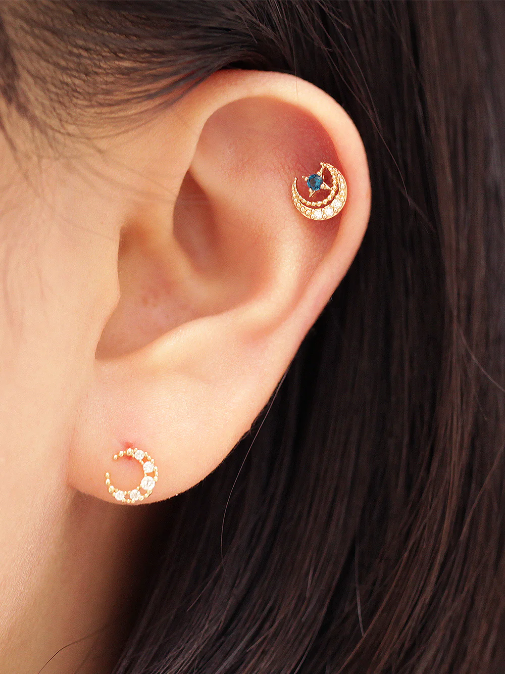 14K Gold Antique Cubic Moon Cartilage Earring 20G - Image 6