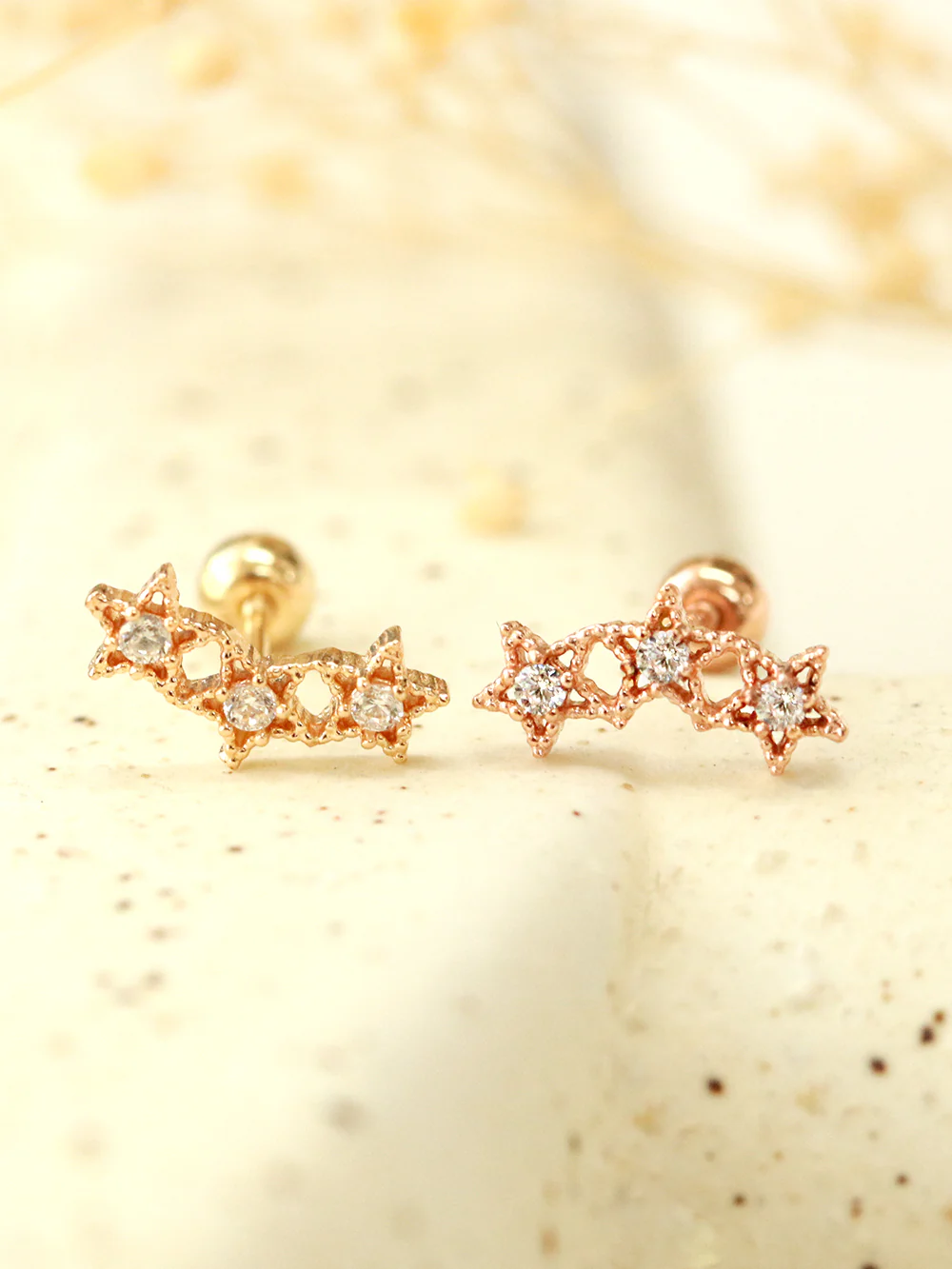 14K Gold Antique Triple Star Cartilage Earring 20G18G - Image 5