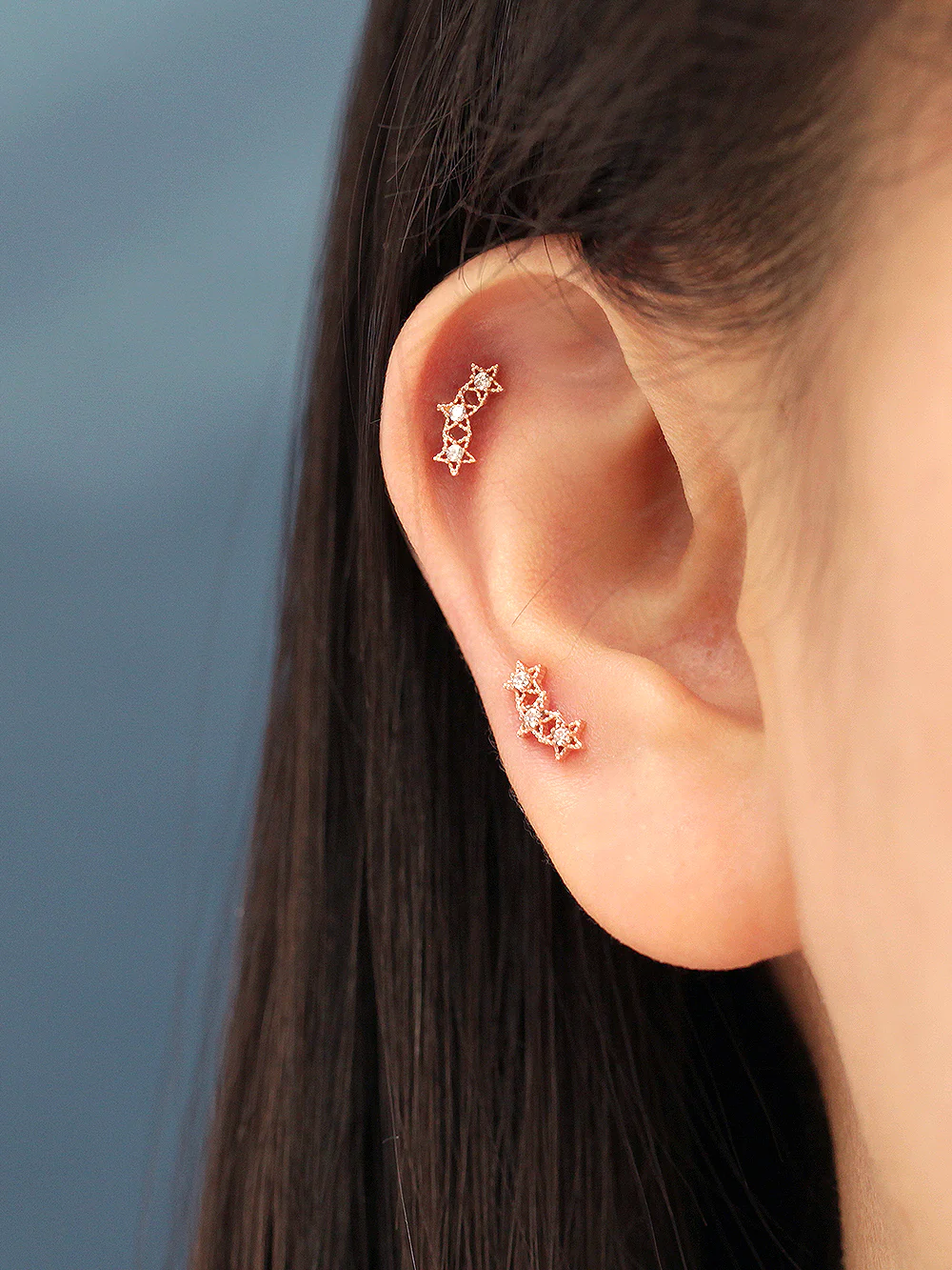 14K Gold Antique Triple Star Cartilage Earring 20G18G - Image 7