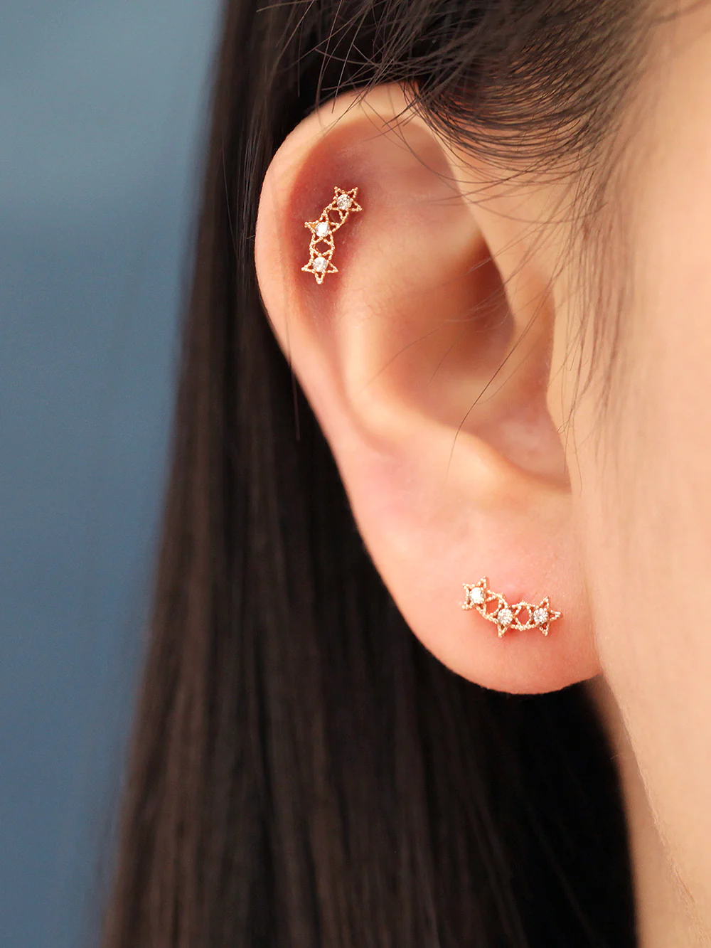 14K Gold Antique Triple Star Cartilage Earring 20G18G - Image 8