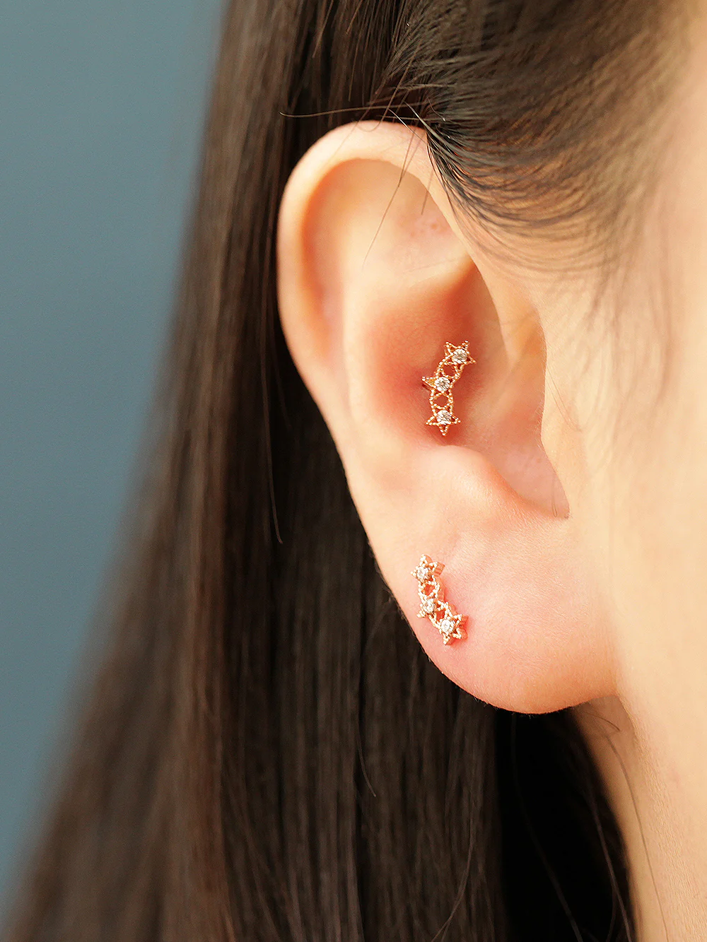 14K Gold Antique Triple Star Cartilage Earring 20G18G - Image 9