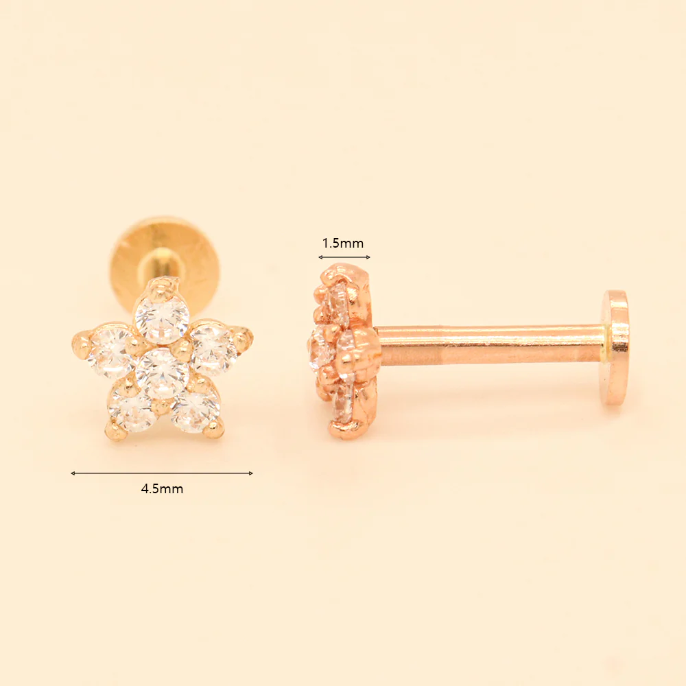 14K Gold Best Flower Internally Threaded Labret Piercing 18G16G - Image 12
