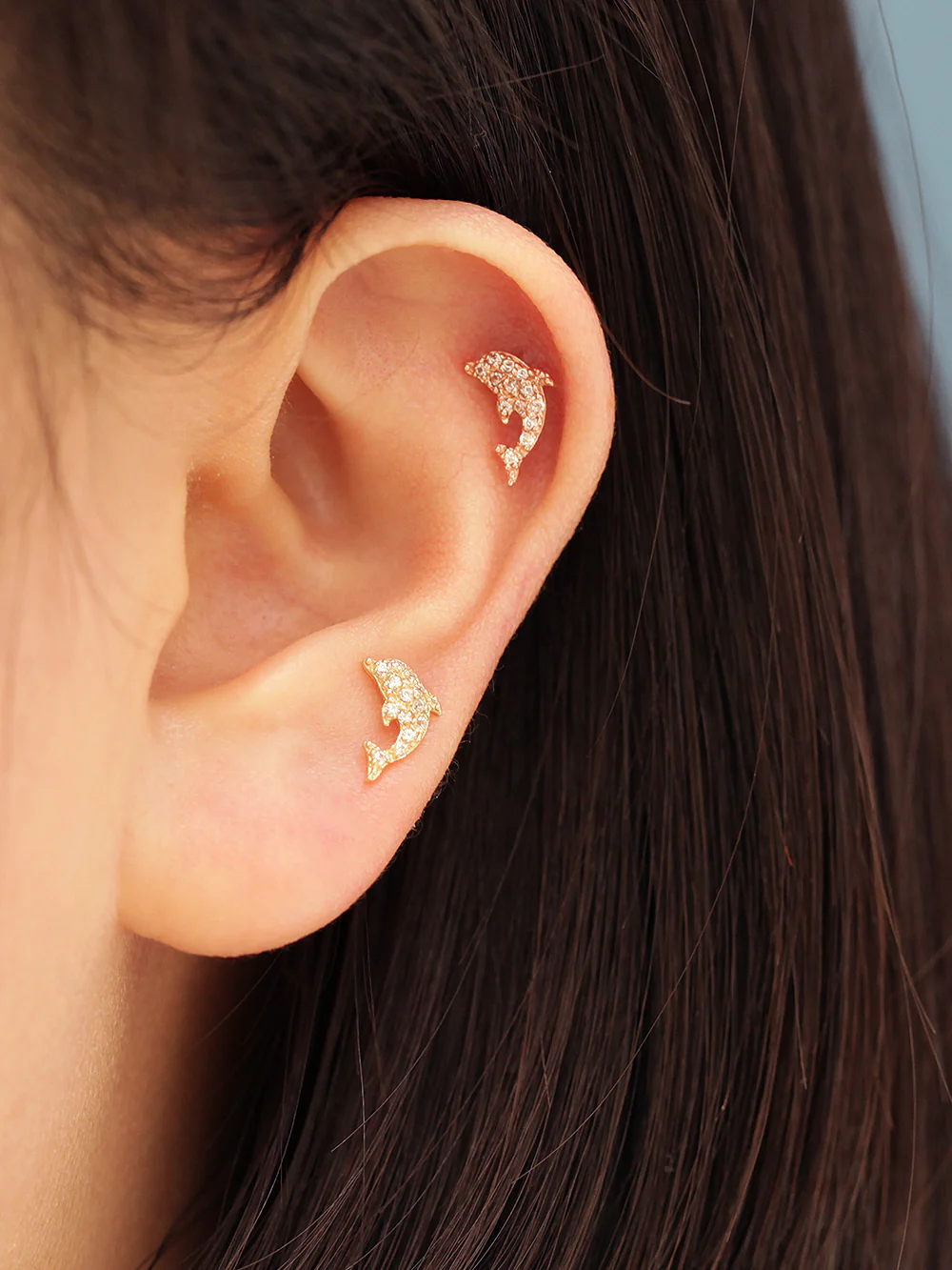 14K Gold Bling Dolphin Cartilage Earring 20G - Image 10